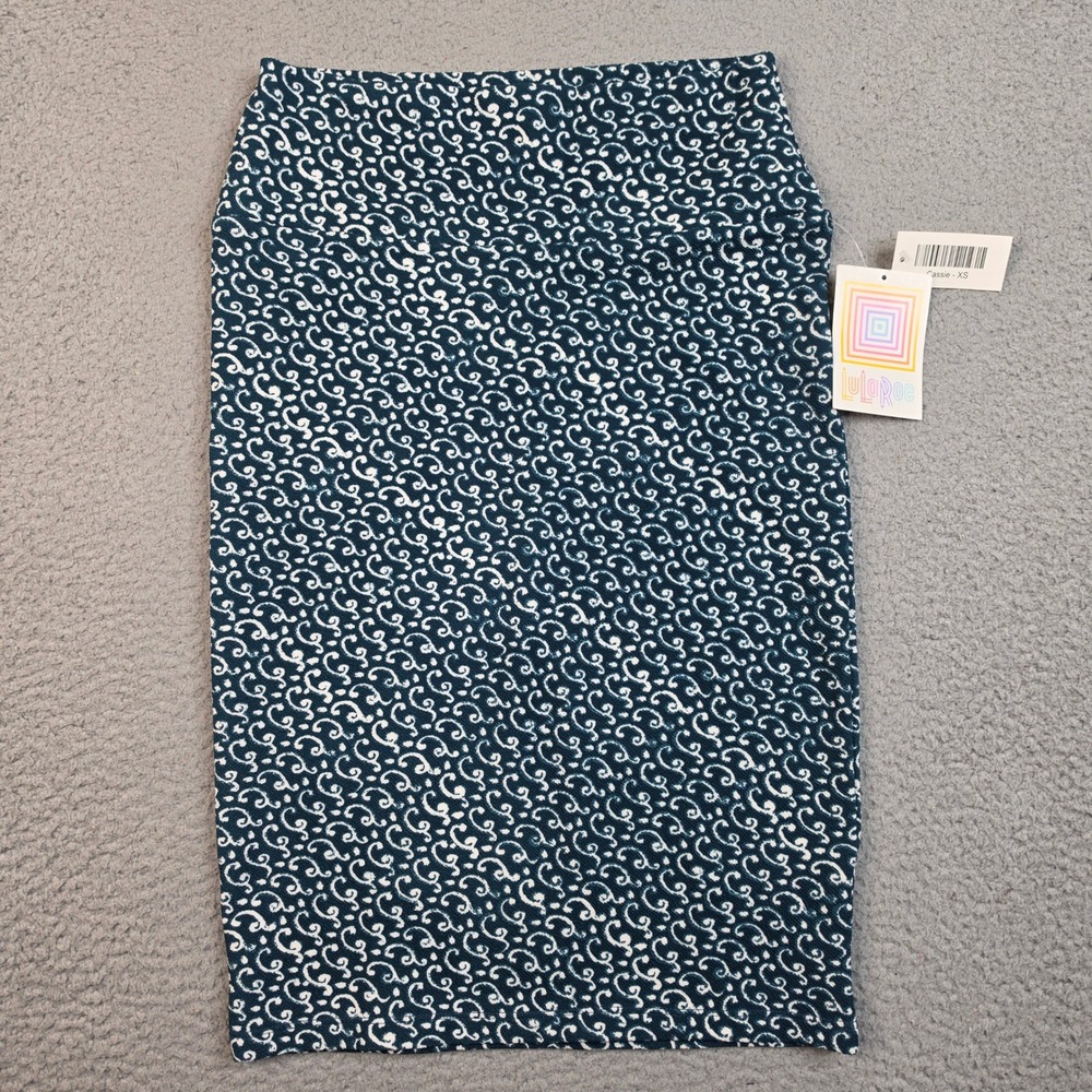 LuLaRoe Cassie Pencil Skirt XS Teal Blue White‎ Scroll Print Stretch Midi NWT